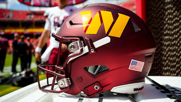 A detailed view of a Washington Commanders helmet prior a game against the Chiefs.